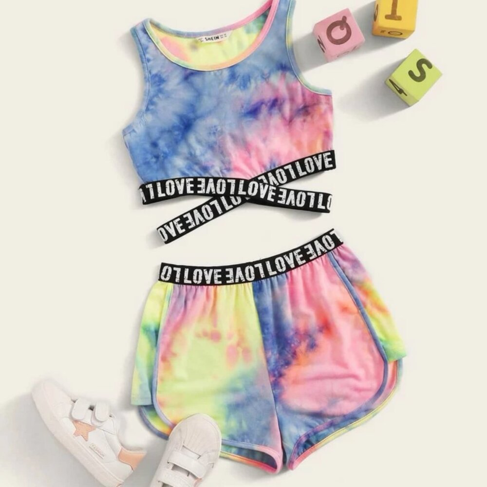 Girl Tie Dye Letter Tape Tank Top & Track Shorts Set 7